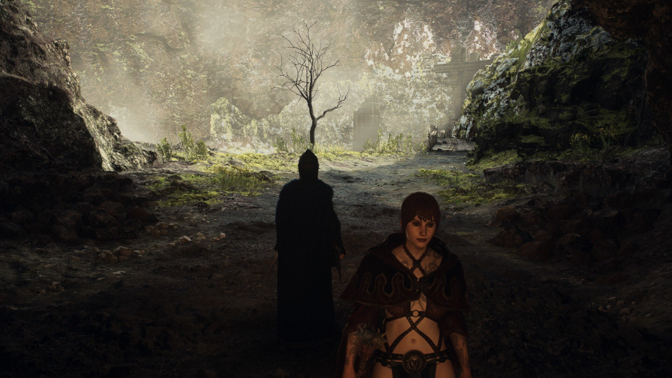 An in-game screenshot showing a canyon, a bare short tree in the middle out front, and some woods in the distance. There is a pawn, unrecruited by the player, walking toward the camera but past the player. There is a road or path of dirt the player is following. The player is very dark because there is little light coming from the direction of the camera. The player is wearing a cloak and soft hood.